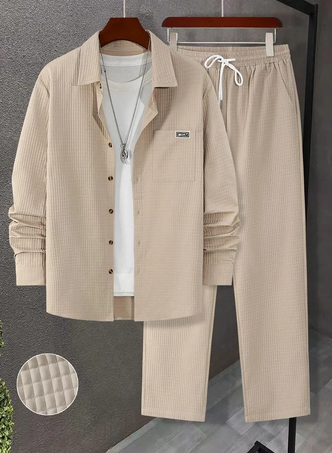 تايك تو طقم قميص بأكمام طويلة ونسيج بارز وبنطلون برباط